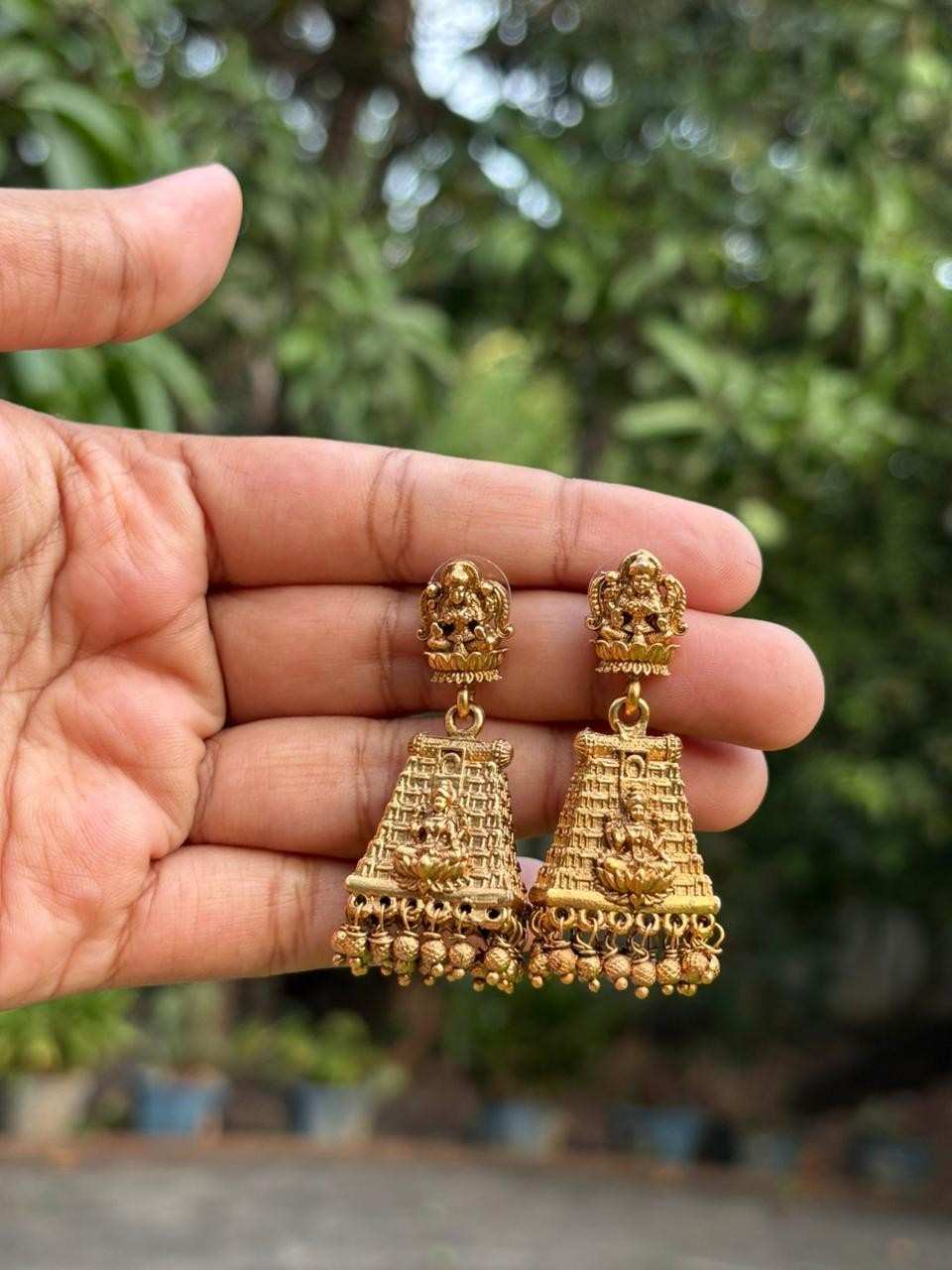 J0139 Matte Finish Gopuram Jhumka with gold beads