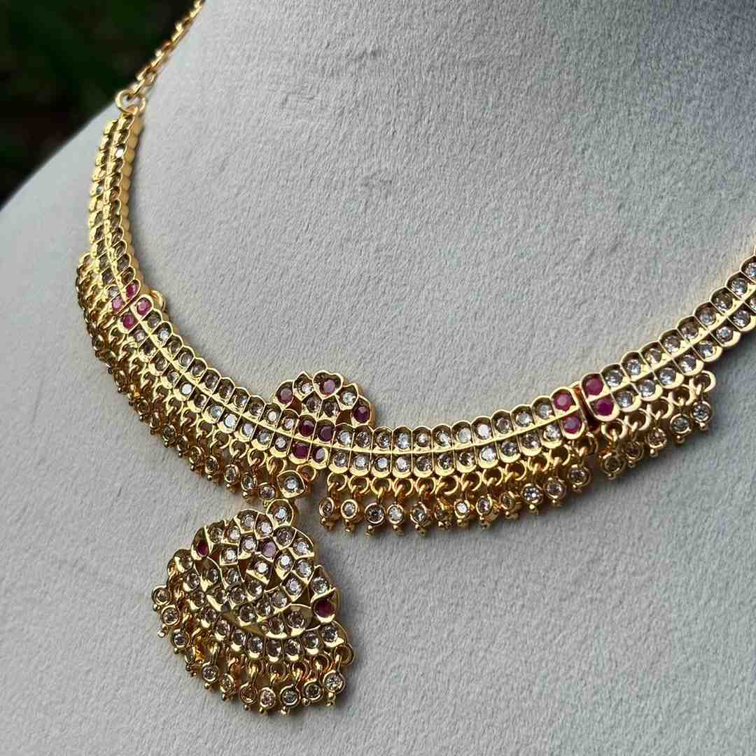 N0274 Micro Plated 80's Attigai Necklace white AD /Ruby Stone