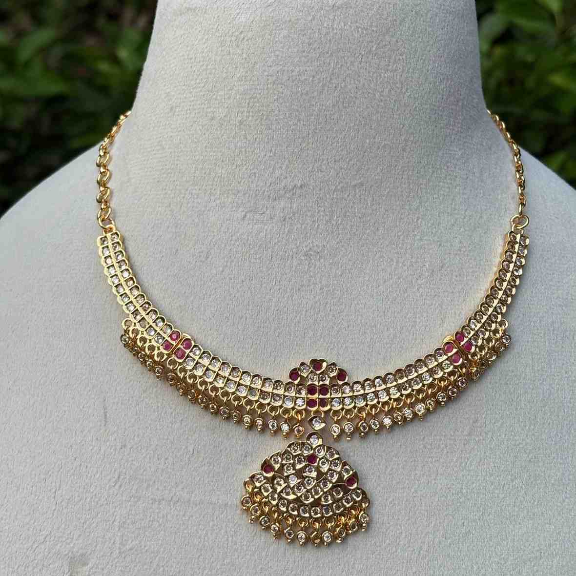 N0274 Micro Plated 80's Attigai Necklace white AD /Ruby Stone