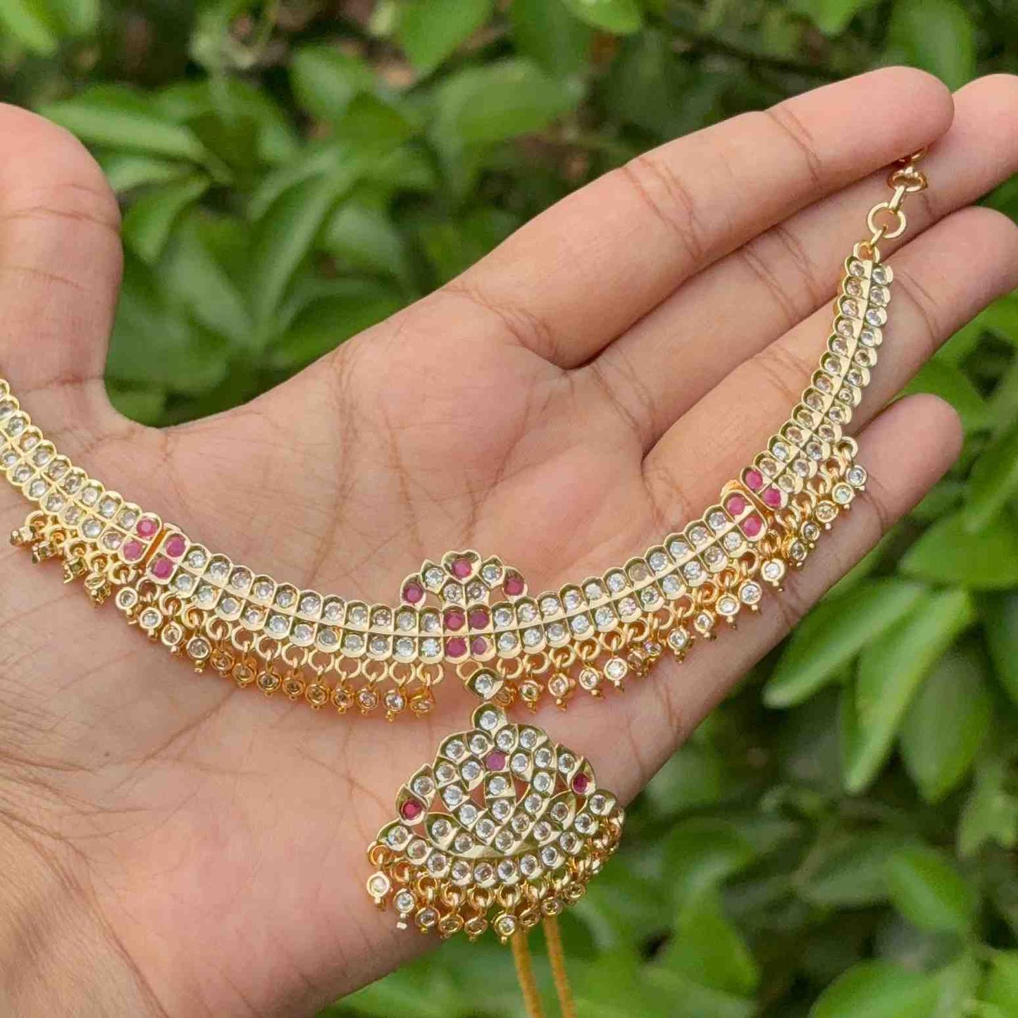 N0274 Micro Plated 80's Attigai Necklace white AD /Ruby Stone