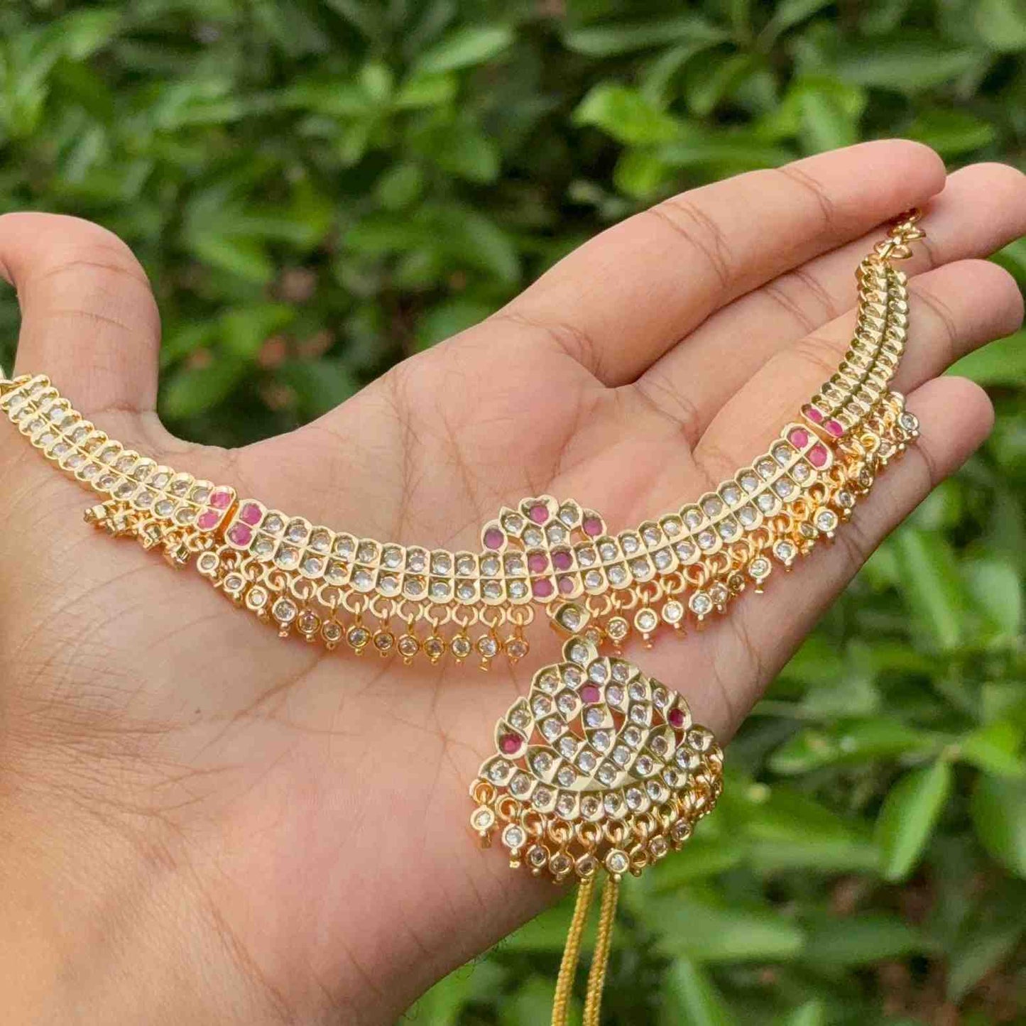 N0274 Micro Plated 80's Attigai Necklace white AD /Ruby Stone