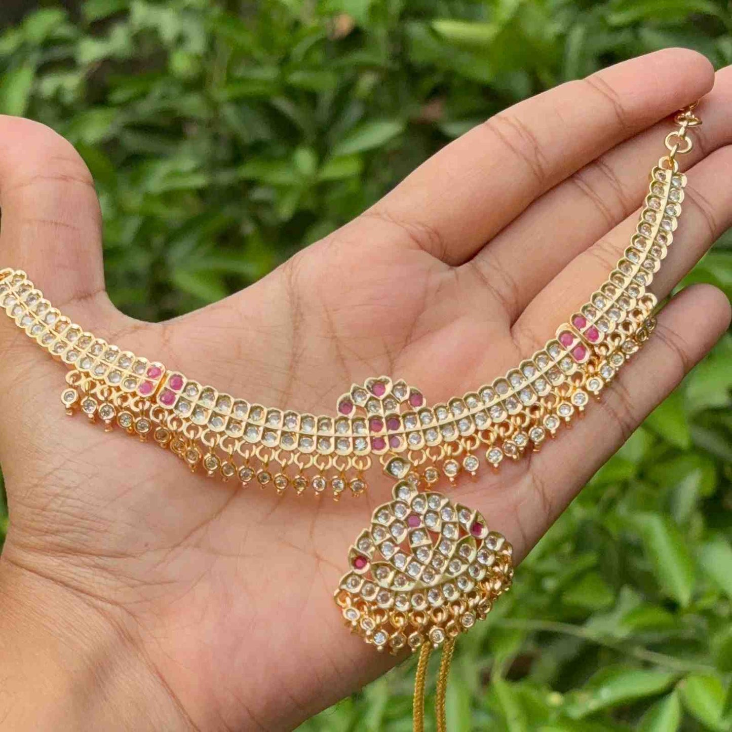 N0274 Micro Plated 80's Attigai Necklace white AD /Ruby Stone