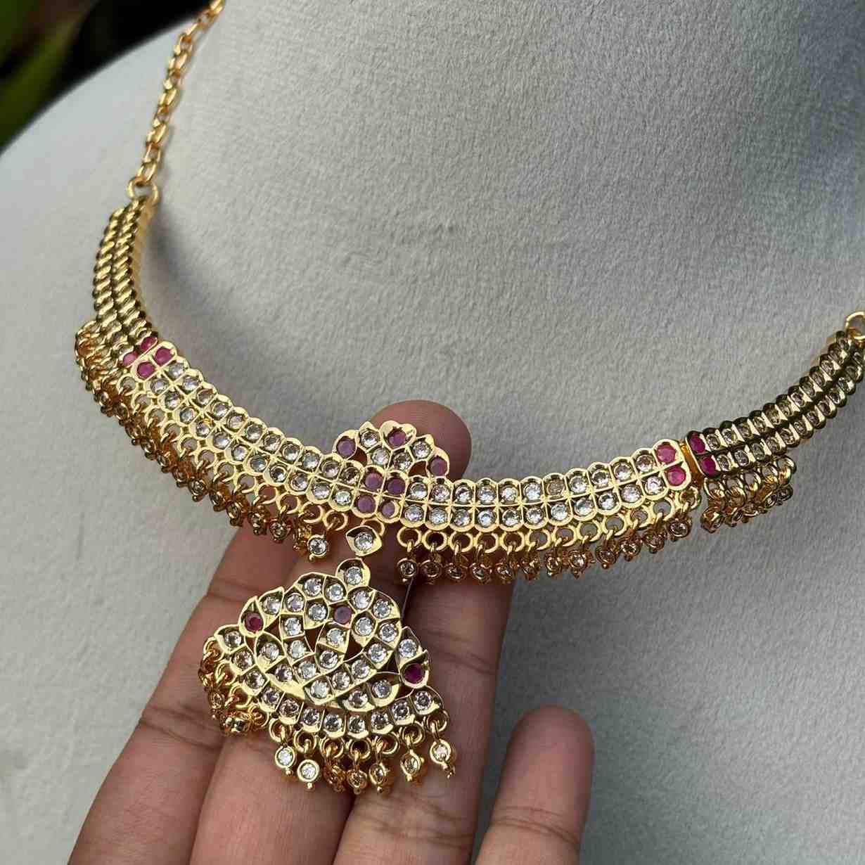 N0274 Micro Plated 80's Attigai Necklace white AD /Ruby Stone