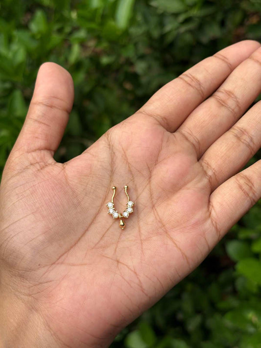 J0143 White stone Septum Nose ring with Gold Bead  Hanging
