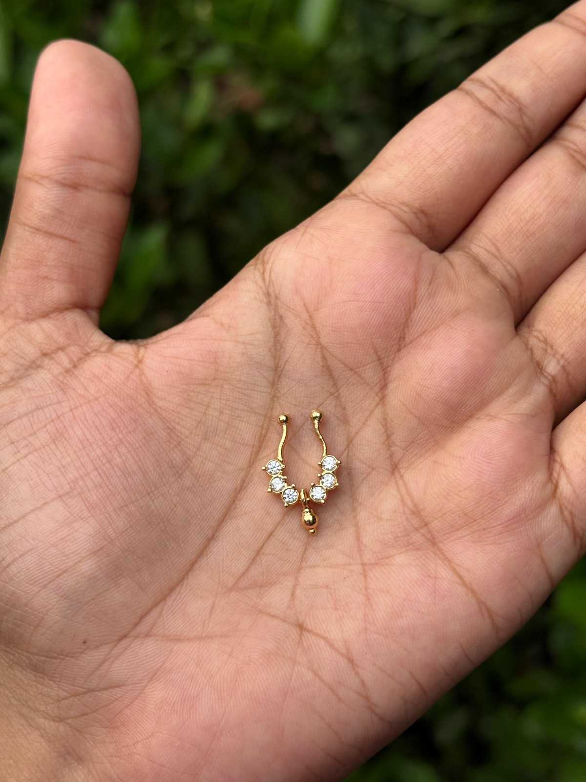 J0143 White stone Septum Nose ring with Gold Bead  Hanging