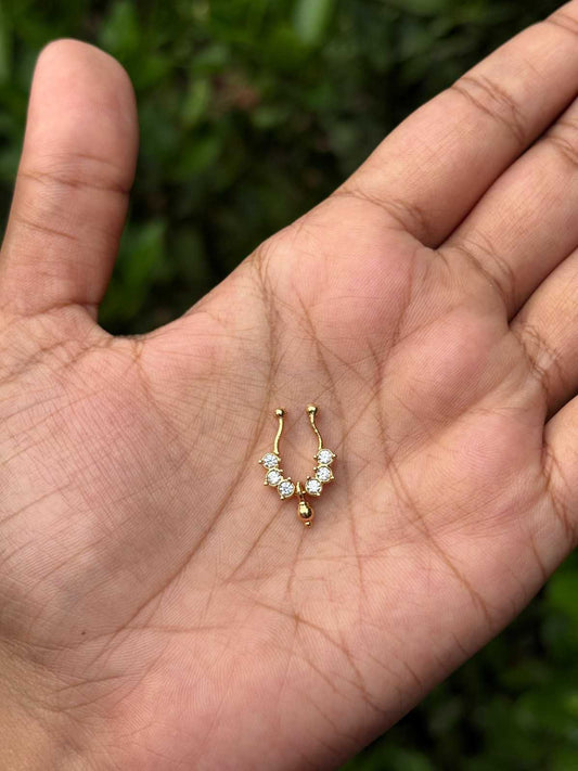 J0143 White stone Septum Nose ring with Gold Bead  Hanging