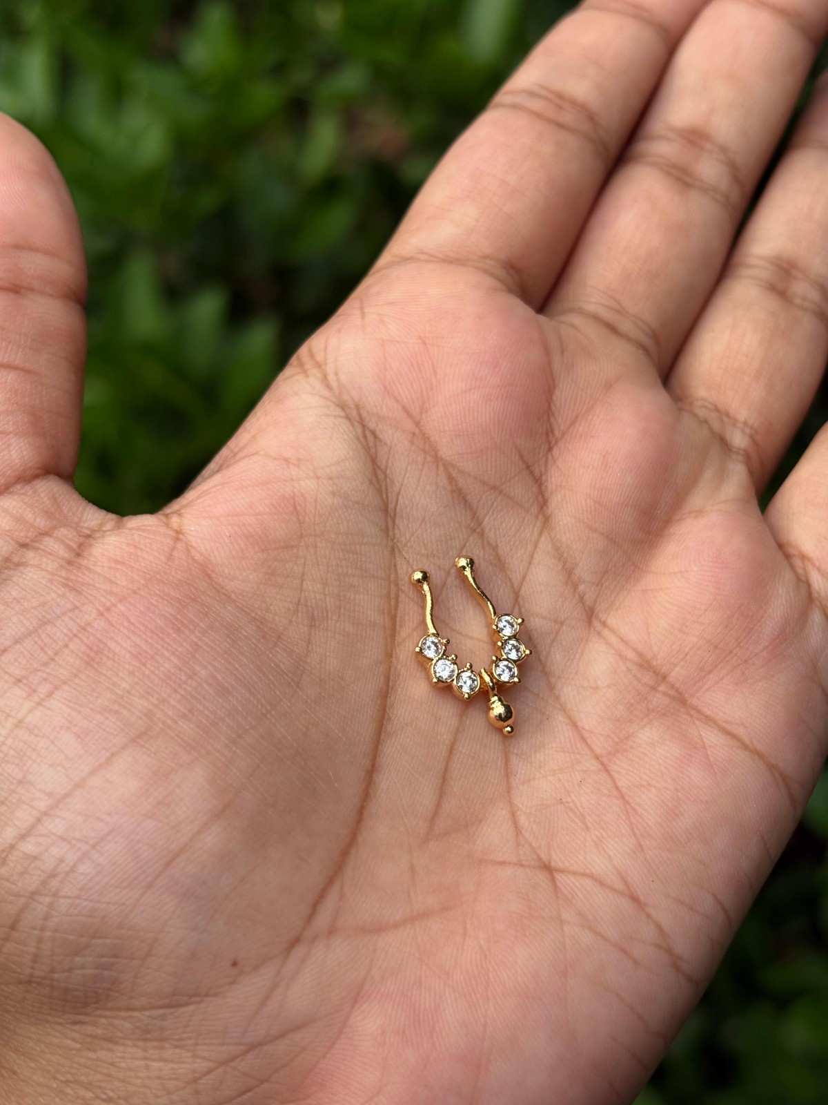 J0143 White stone Septum Nose ring with Gold Bead  Hanging