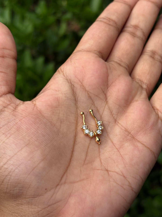 J0143 White stone Septum Nose ring with Gold Bead  Hanging