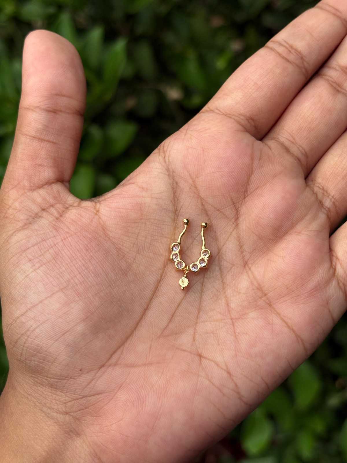 J0143 White stone Septum Nose ring with Gold Bead  Hanging