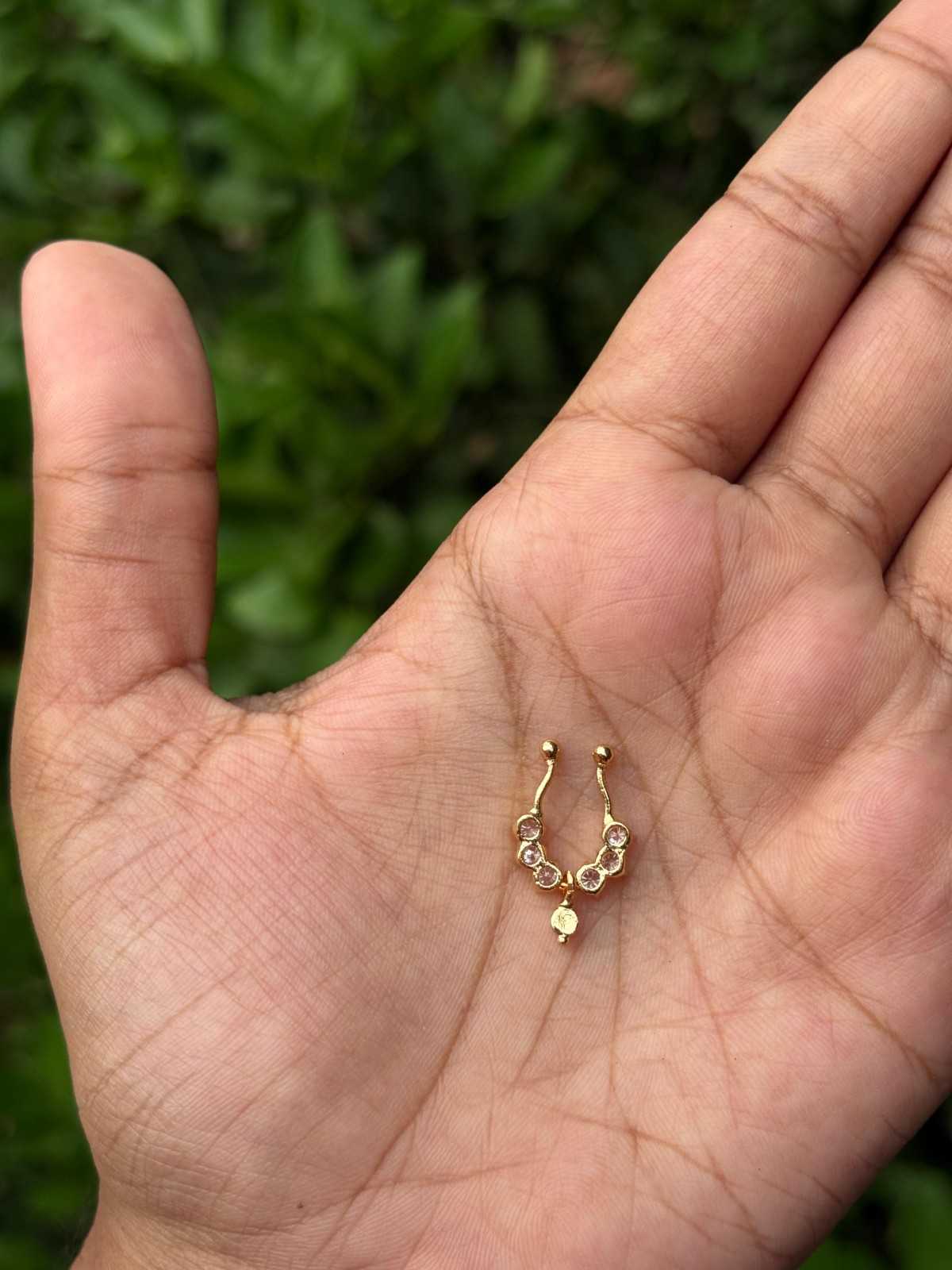J0143 White stone Septum Nose ring with Gold Bead  Hanging