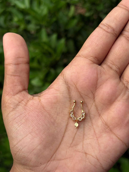 J0143 White stone Septum Nose ring with Gold Bead  Hanging