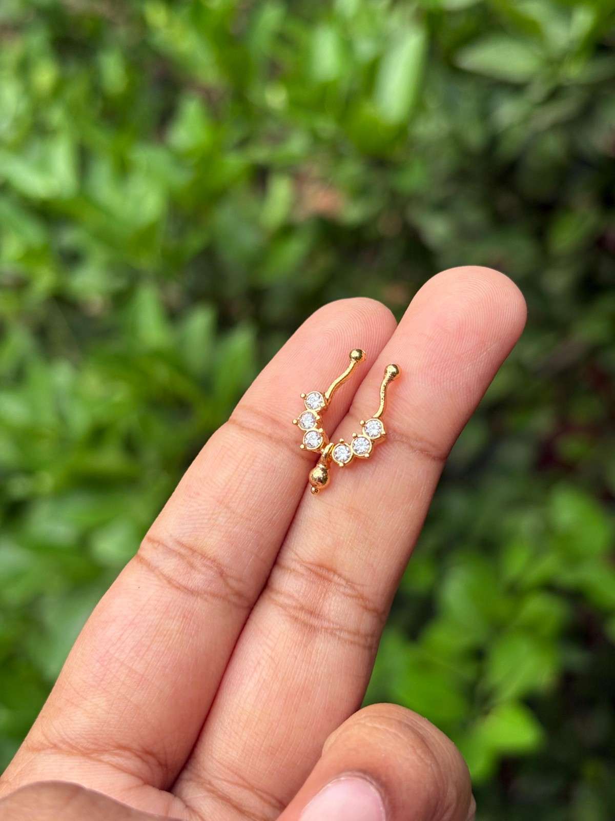 J0143 White stone Septum Nose ring with Gold Bead  Hanging
