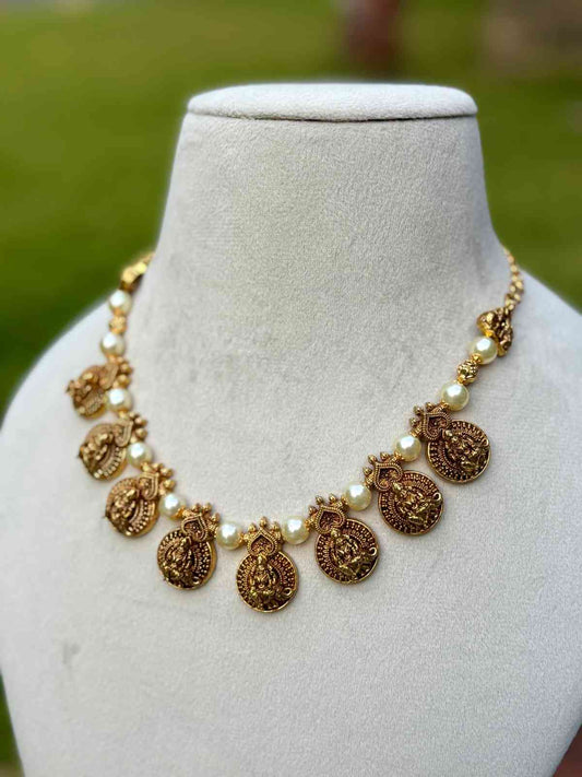 N0176 Traditional Pearl Necklace with Lakshmi dollar Design