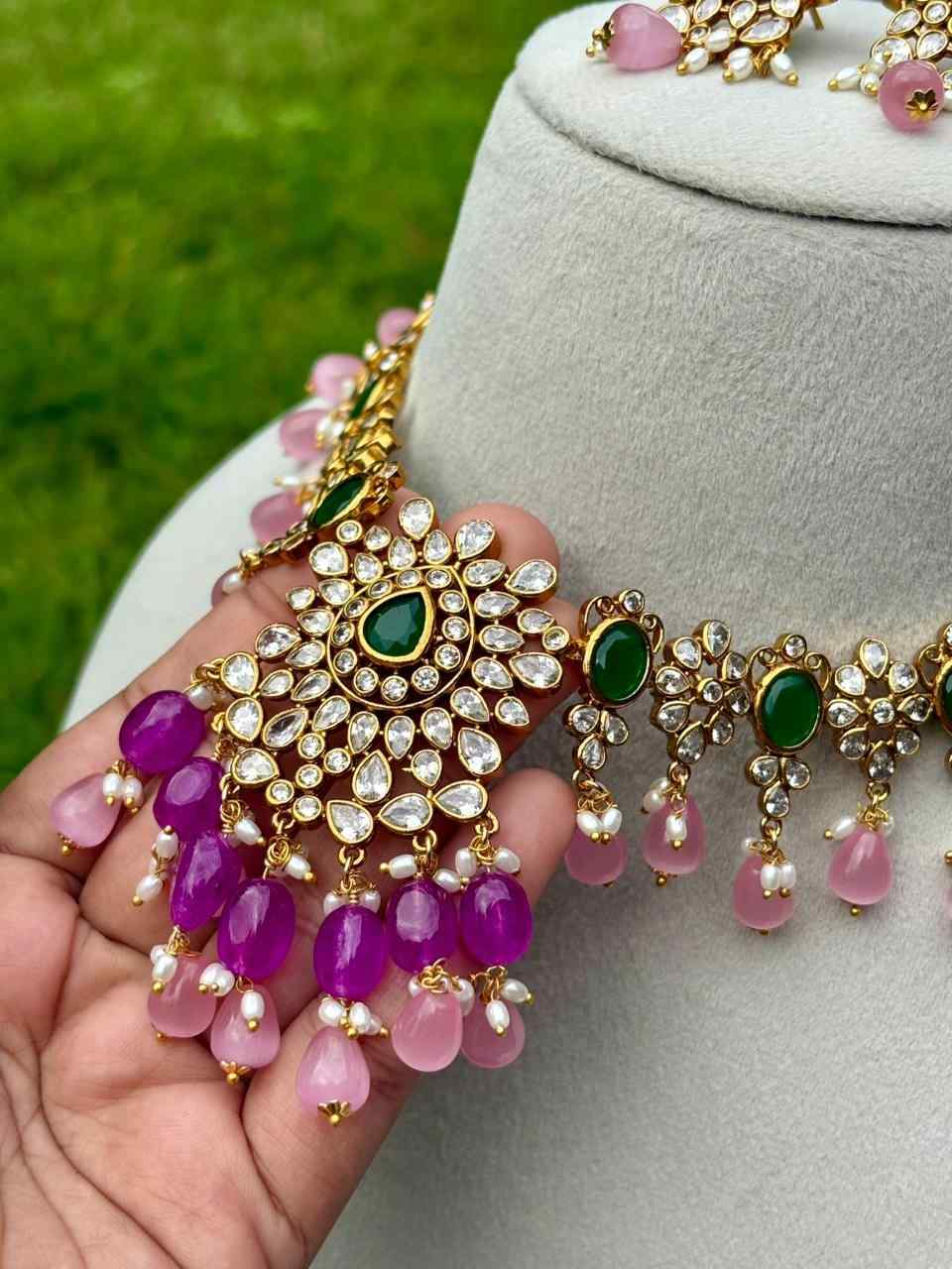 N0293 Premium Quality Unique Pastel Bead Uncut diamond Necklace