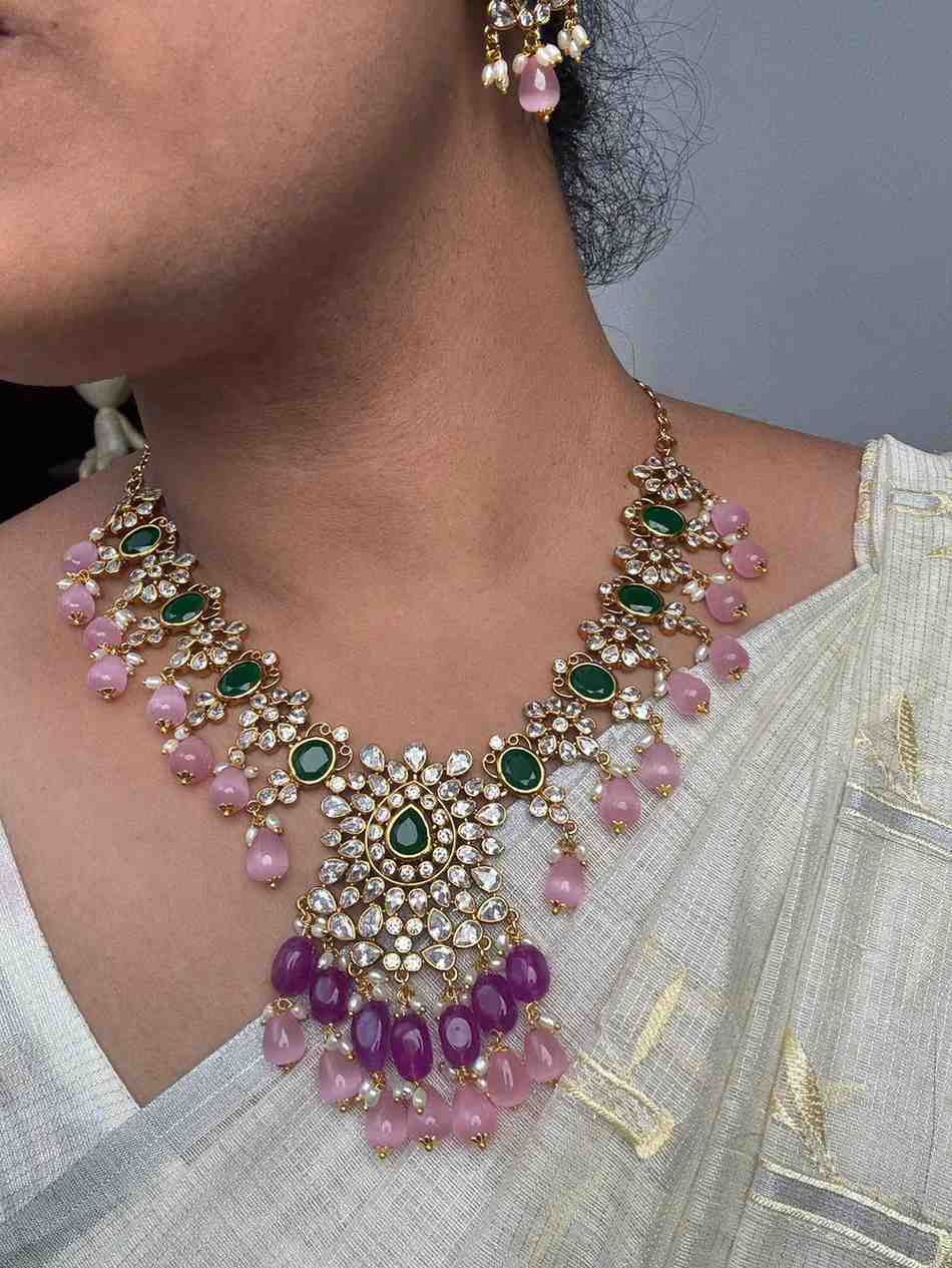 N0293 Premium Quality Unique Pastel Bead Uncut diamond Necklace