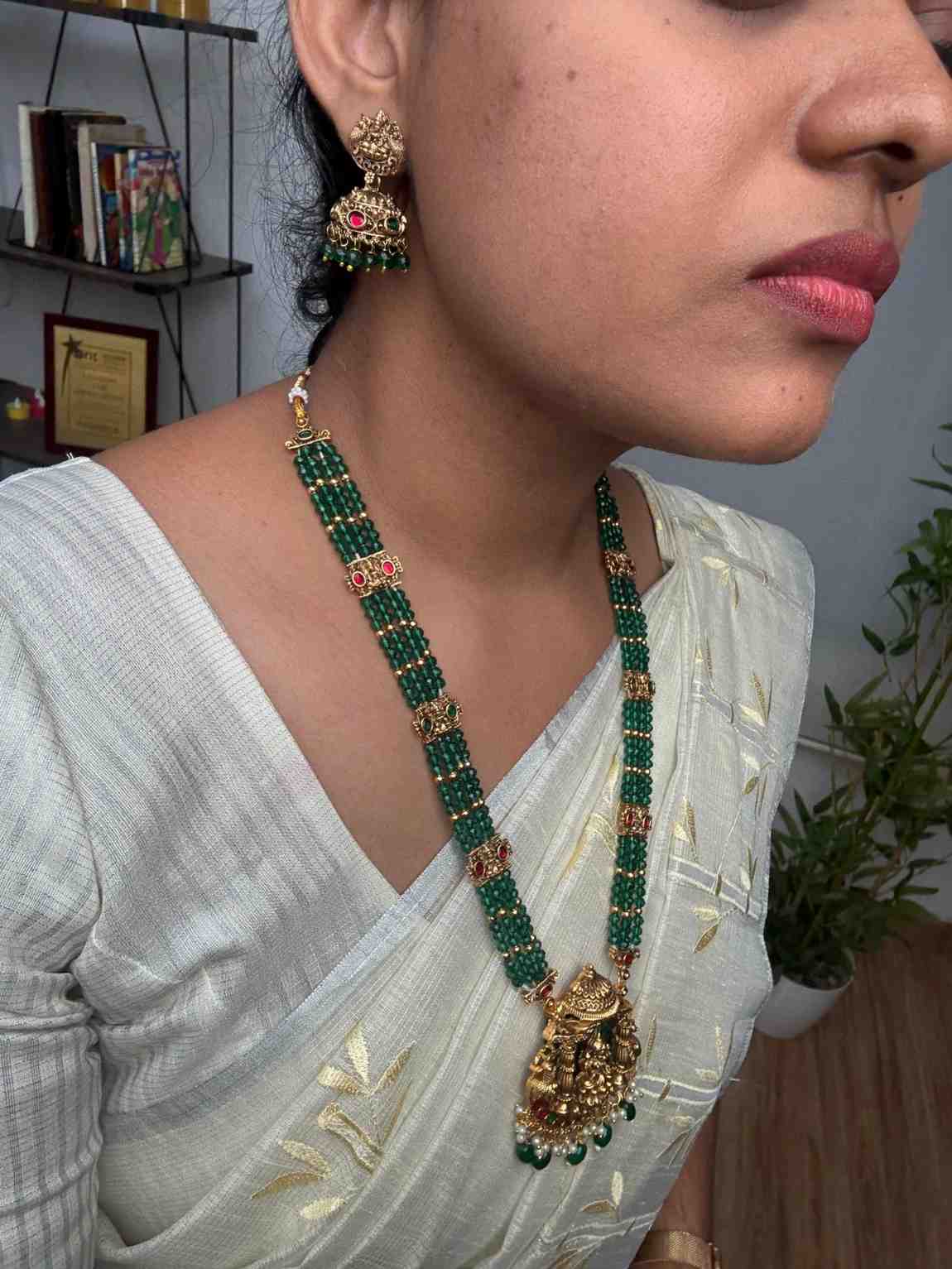 Matte Finish Premium Look Crystal Bead Middle Length Haram with Lakshmi Pendent with matching jhumka H0020-CO51