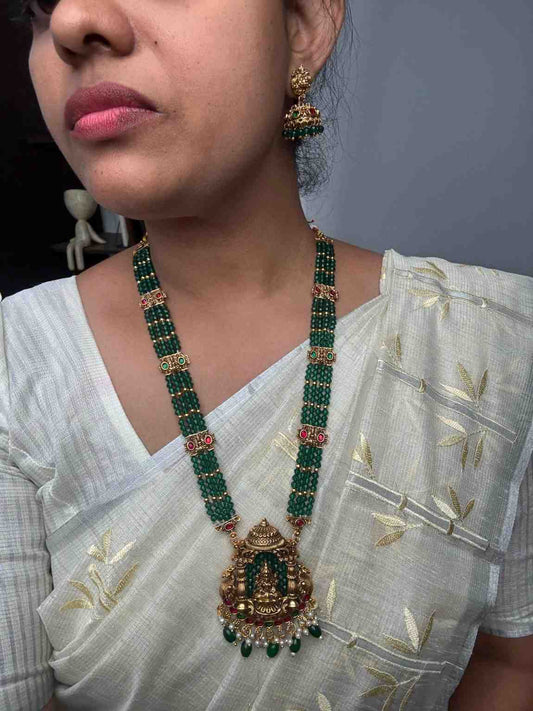 Matte Finish Premium Look Crystal Bead Middle Length Haram with Lakshmi Pendent with matching jhumka H0020-CO51