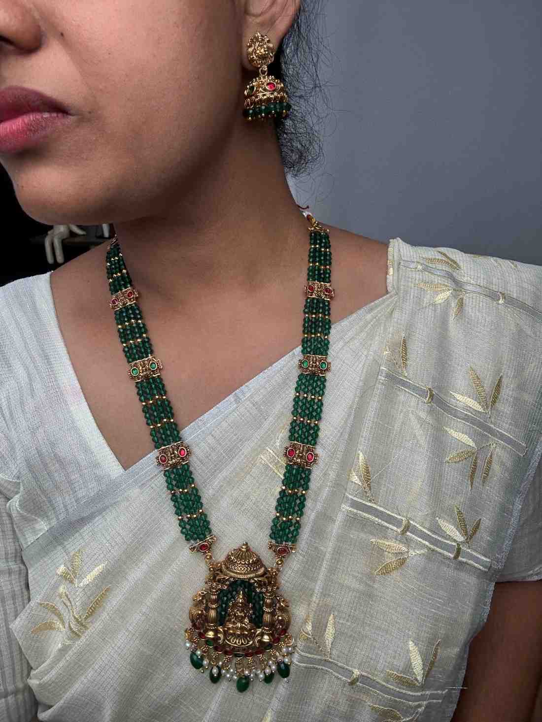 Matte Finish Premium Look Crystal Bead Middle Length Haram with Lakshmi Pendent with matching jhumka H0020-CO51