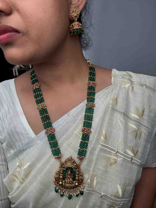 Matte Finish Premium Look Crystal Bead Middle Length Haram with Lakshmi Pendent with matching jhumka H0020-CO51