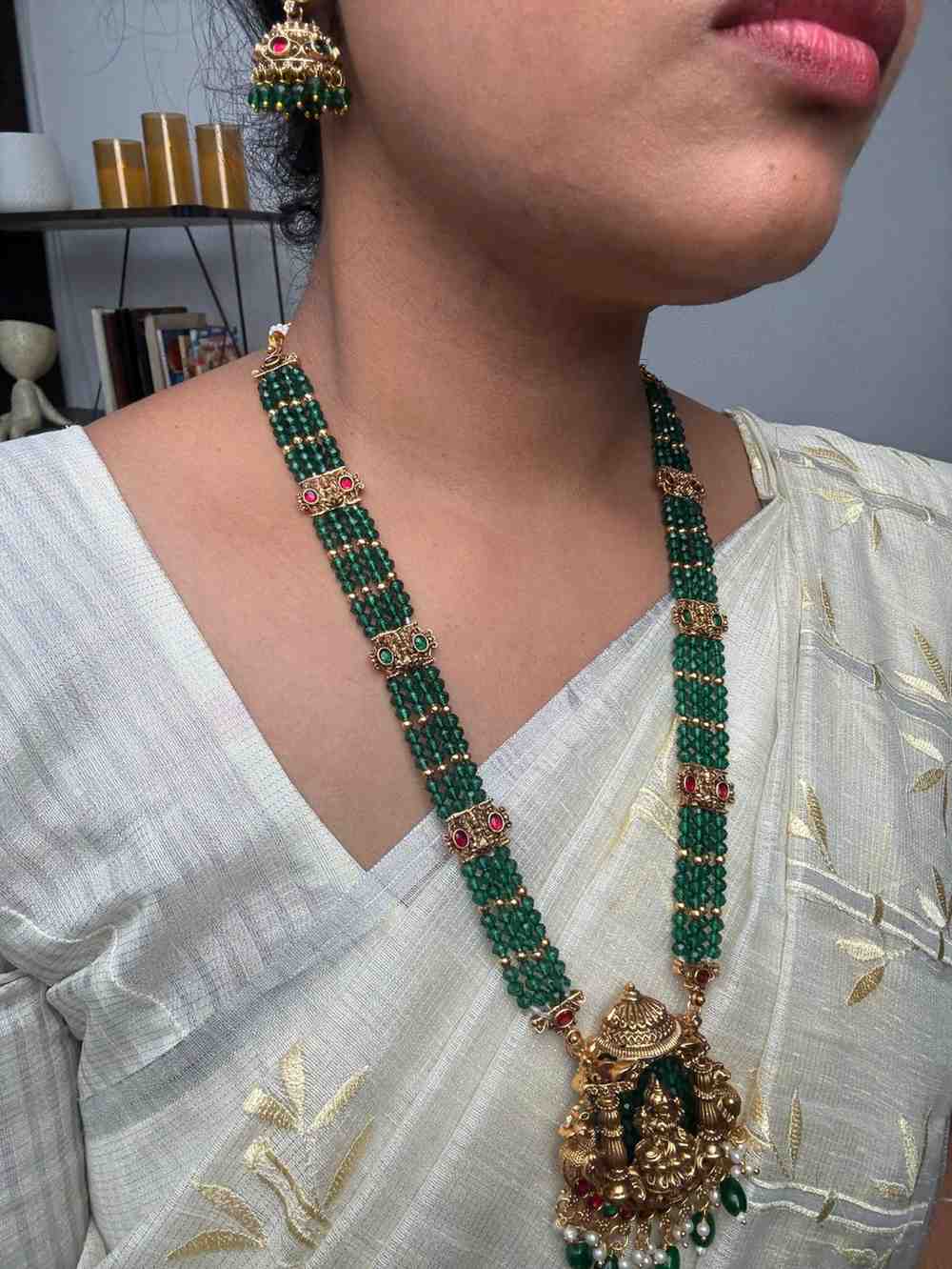 Matte Finish Premium Look Crystal Bead Middle Length Haram with Lakshmi Pendent with matching jhumka H0020-CO51