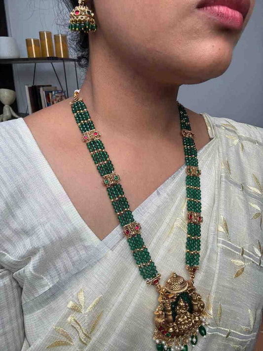 Matte Finish Premium Look Crystal Bead Middle Length Haram with Lakshmi Pendent with matching jhumka H0020-CO51