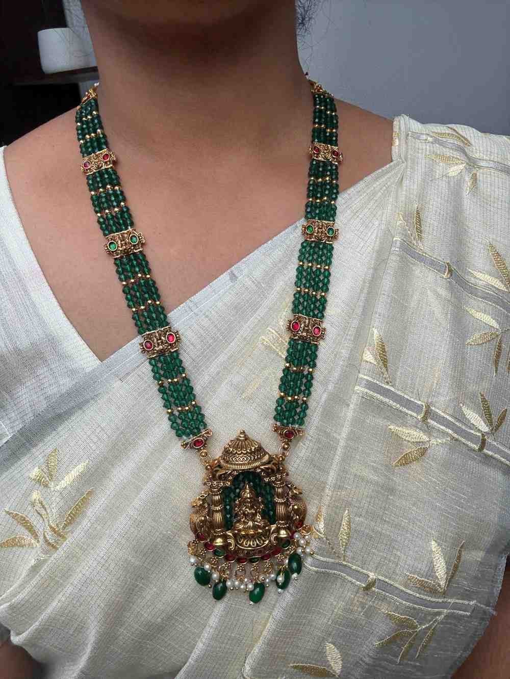 Matte Finish Premium Look Crystal Bead Middle Length Haram with Lakshmi Pendent with matching jhumka H0020-CO51