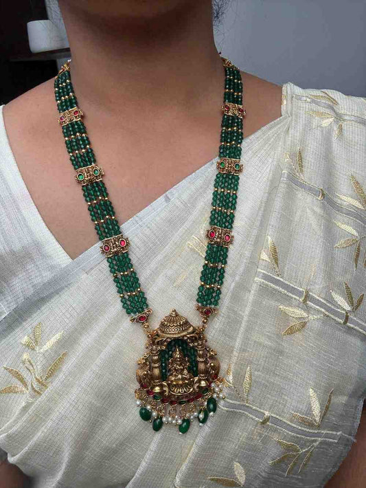 Matte Finish Premium Look Crystal Bead Middle Length Haram with Lakshmi Pendent with matching jhumka H0020-CO51