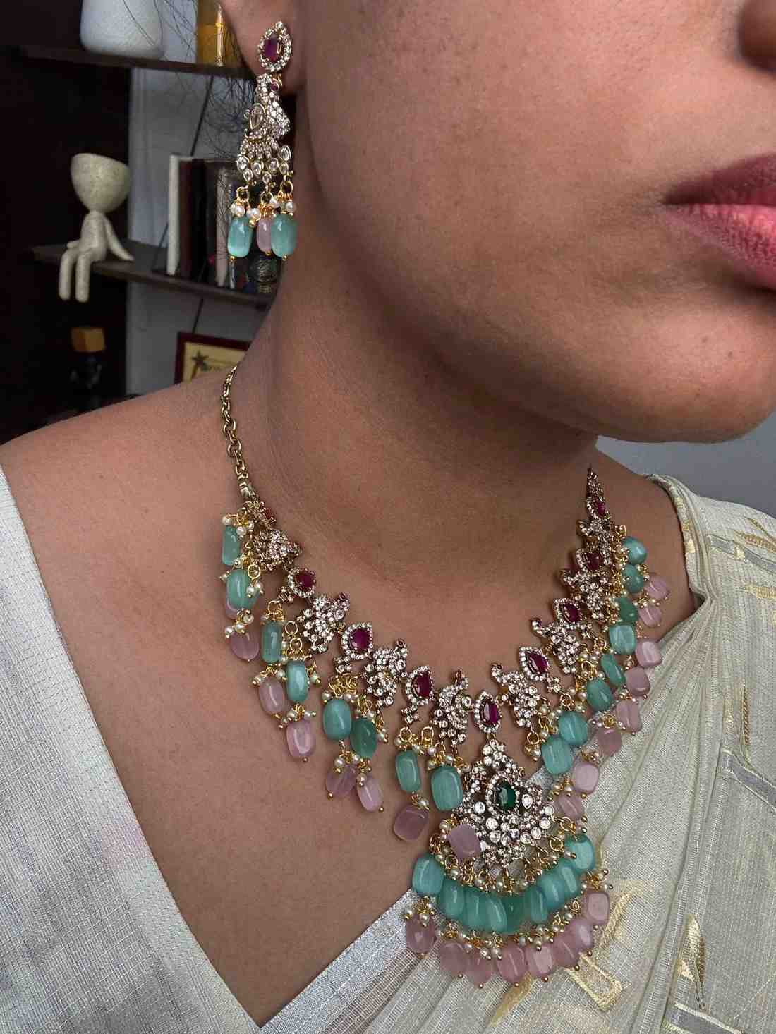 Premium Quality Stone Necklace Statement piece Parrot Motif on it unique design with Pastel Bead Hanging N0151-CS120