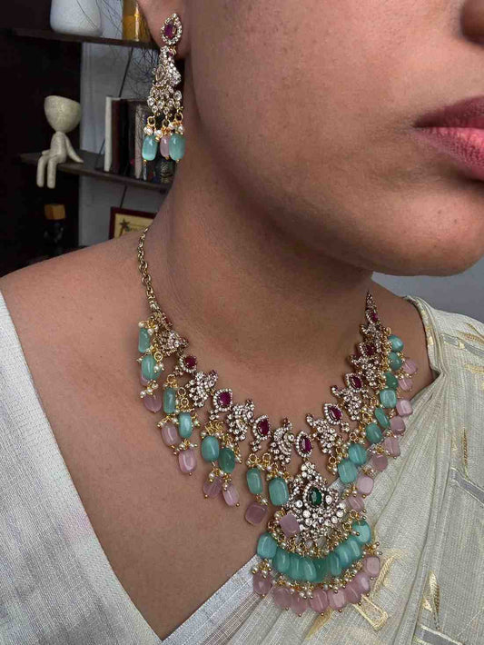 Premium Quality Stone Necklace Statement piece Parrot Motif on it unique design with Pastel Bead Hanging N0151-CS120