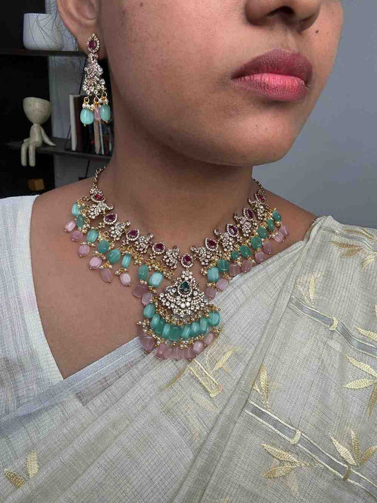Premium Quality Stone Necklace Statement piece Parrot Motif on it unique design with Pastel Bead Hanging N0151-CS120