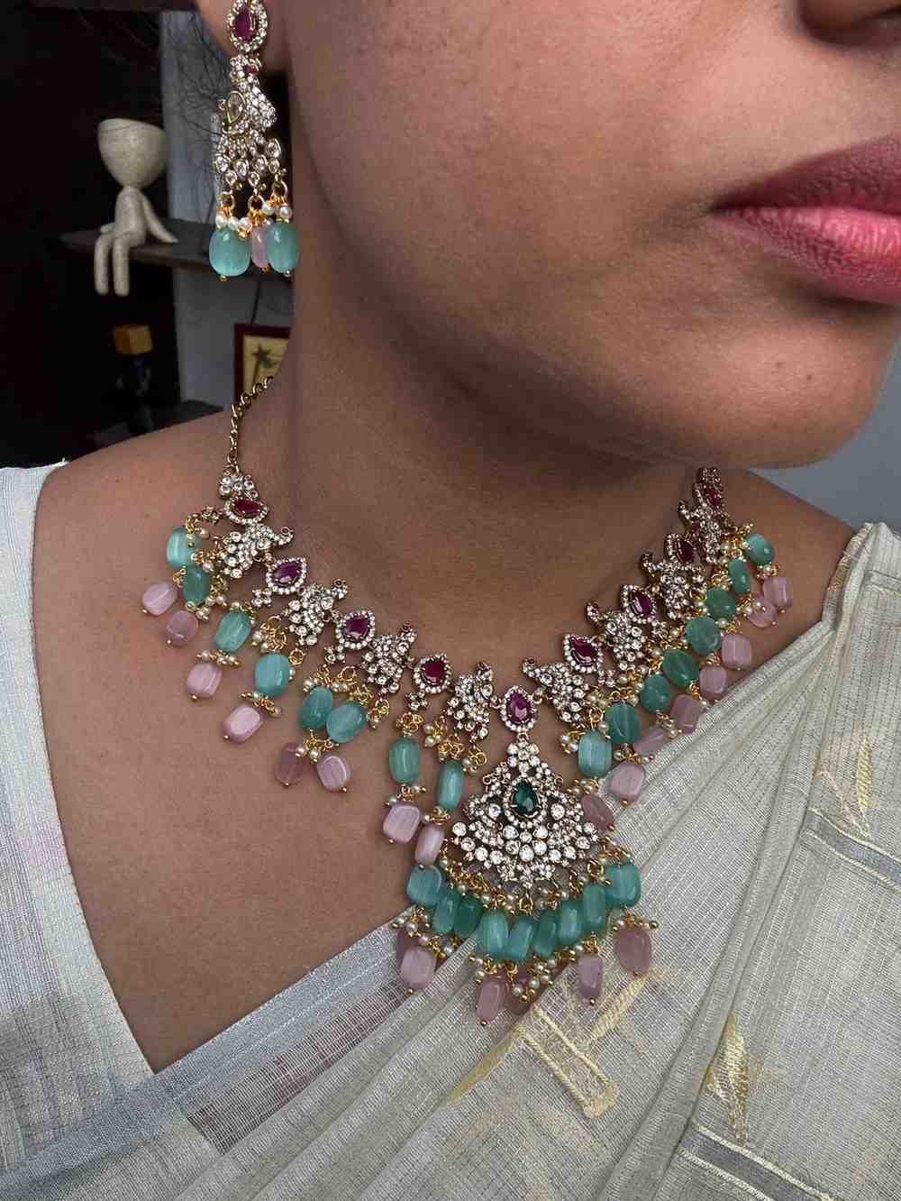 Premium Quality Stone Necklace Statement piece Parrot Motif on it unique design with Pastel Bead Hanging N0151-CS120