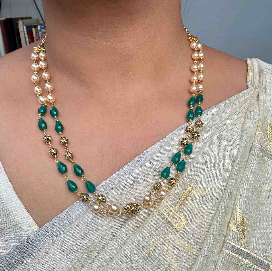 H0029 Premium 2 layer Pearl Chain with Green Crystal