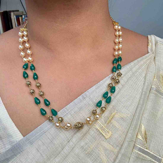 H0029 Premium 2 layer Pearl Chain with Green Crystal