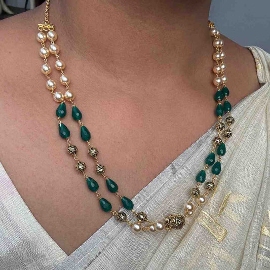 H0029 Premium 2 layer Pearl Chain with Green Crystal