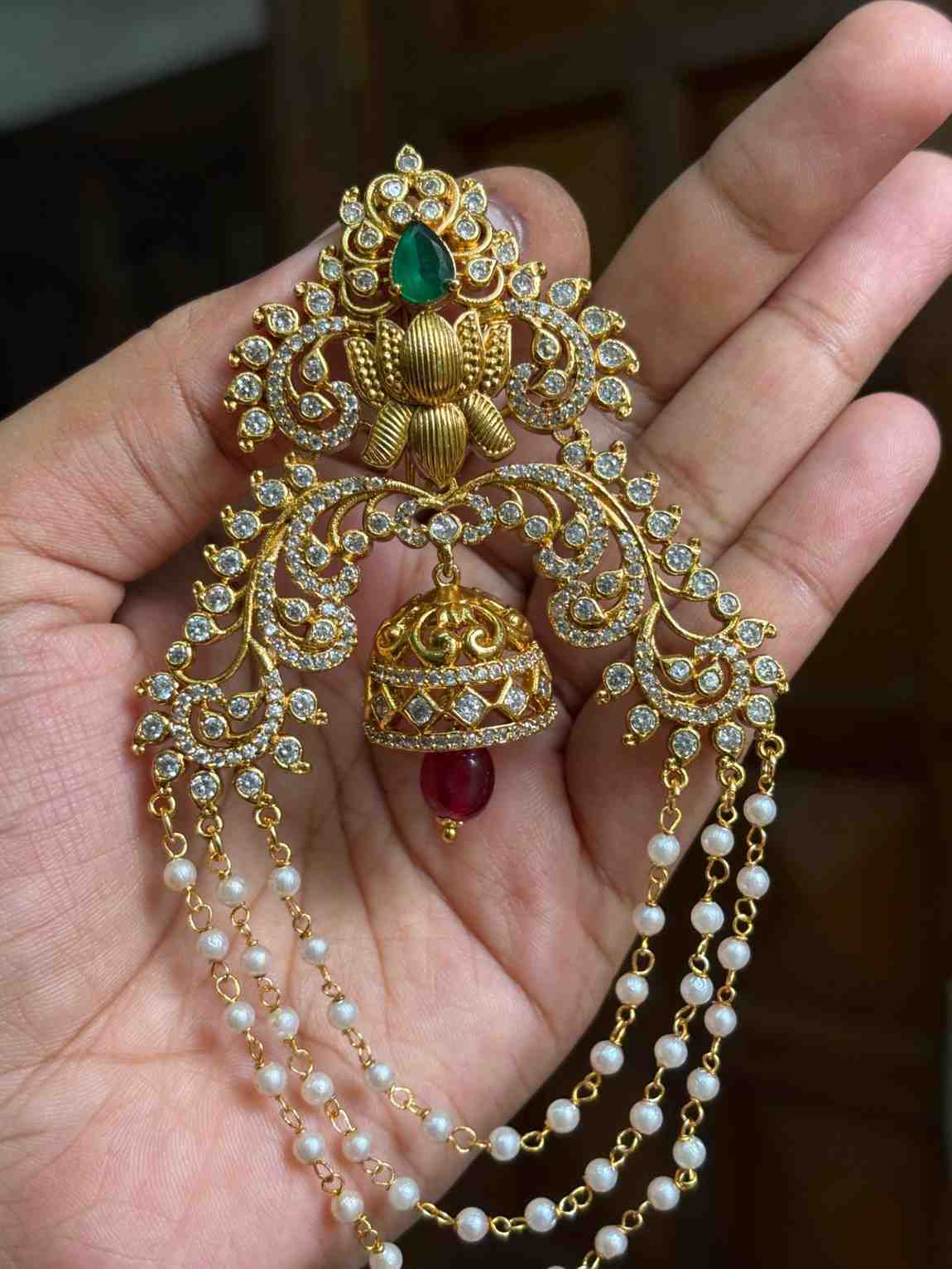 HA004 Premium Floral Pattern stone Jada Billa with hanging pearls