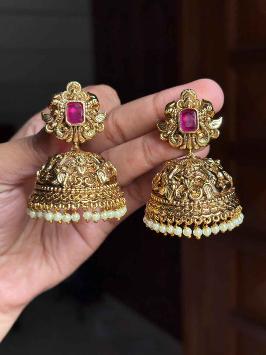 J0187 Ruby Stone Floral 3d  Pattern Bridal Jhumka