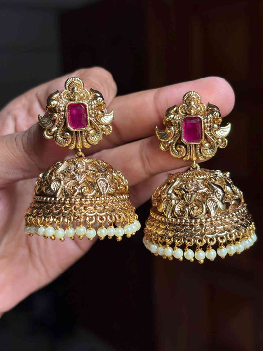 J0187 Ruby Stone Floral 3d  Pattern Bridal Jhumka