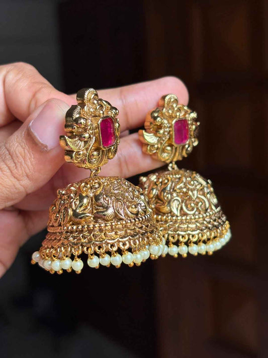 J0187 Ruby Stone Floral 3d  Pattern Bridal Jhumka