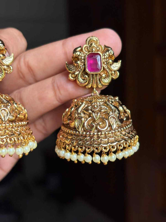 J0187 Ruby Stone Floral 3d  Pattern Bridal Jhumka