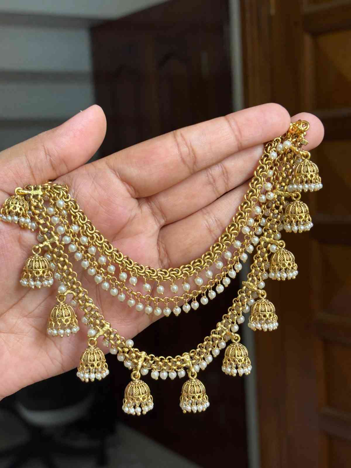EC006 Antique Bahubali Jhumka 3 layer ear chain