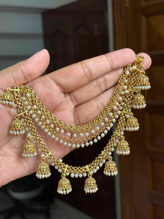 EC006 Antique Bahubali Jhumka 3 layer ear chain