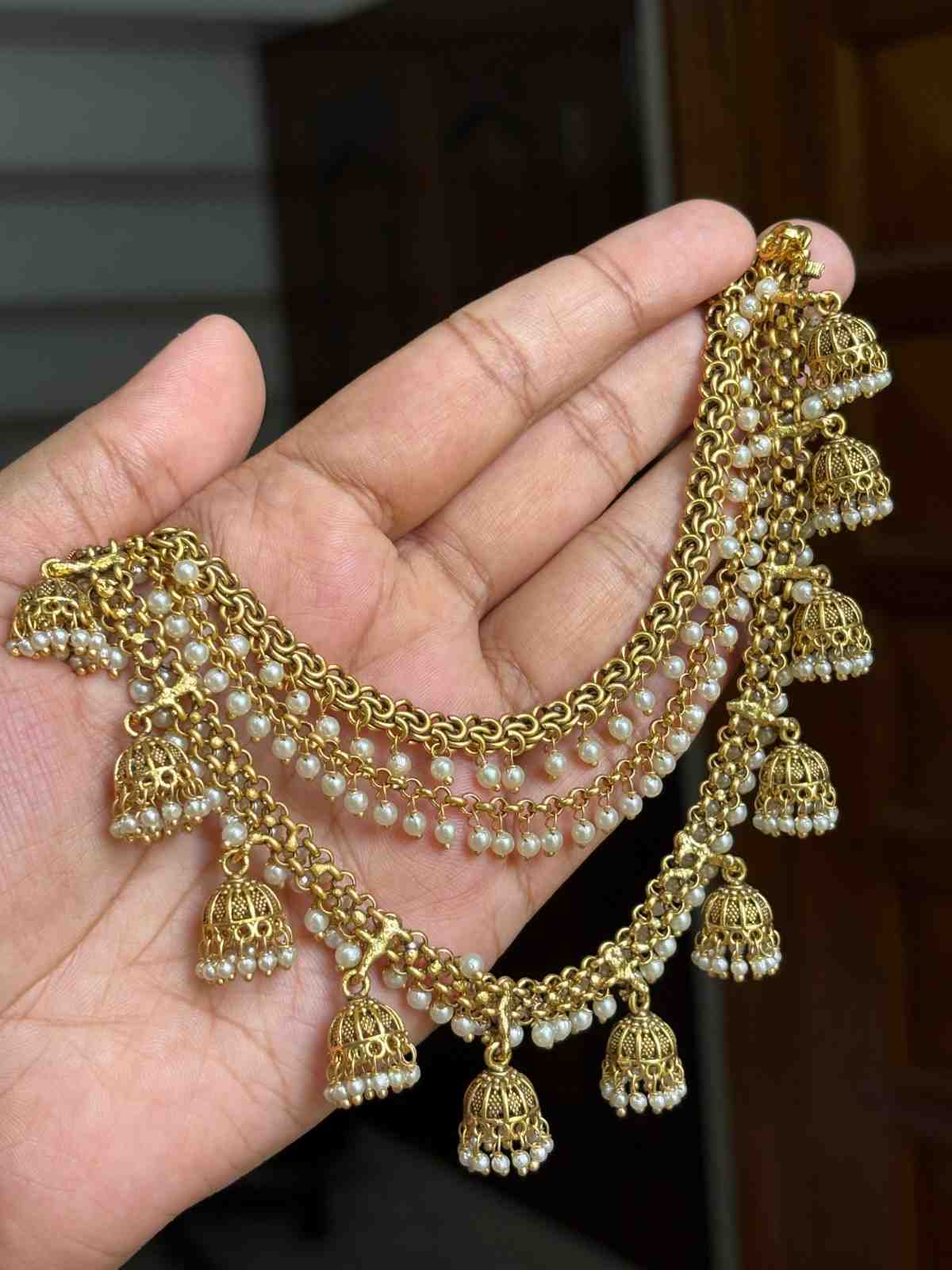 EC006 Antique Bahubali Jhumka 3 layer ear chain