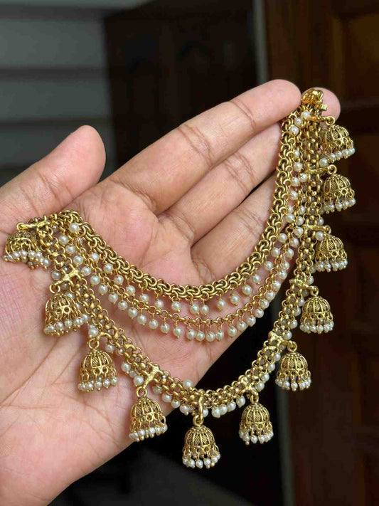 EC006 Antique Bahubali Jhumka 3 layer ear chain