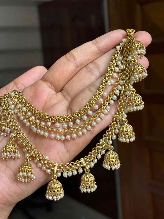 EC006 Antique Bahubali Jhumka 3 layer ear chain