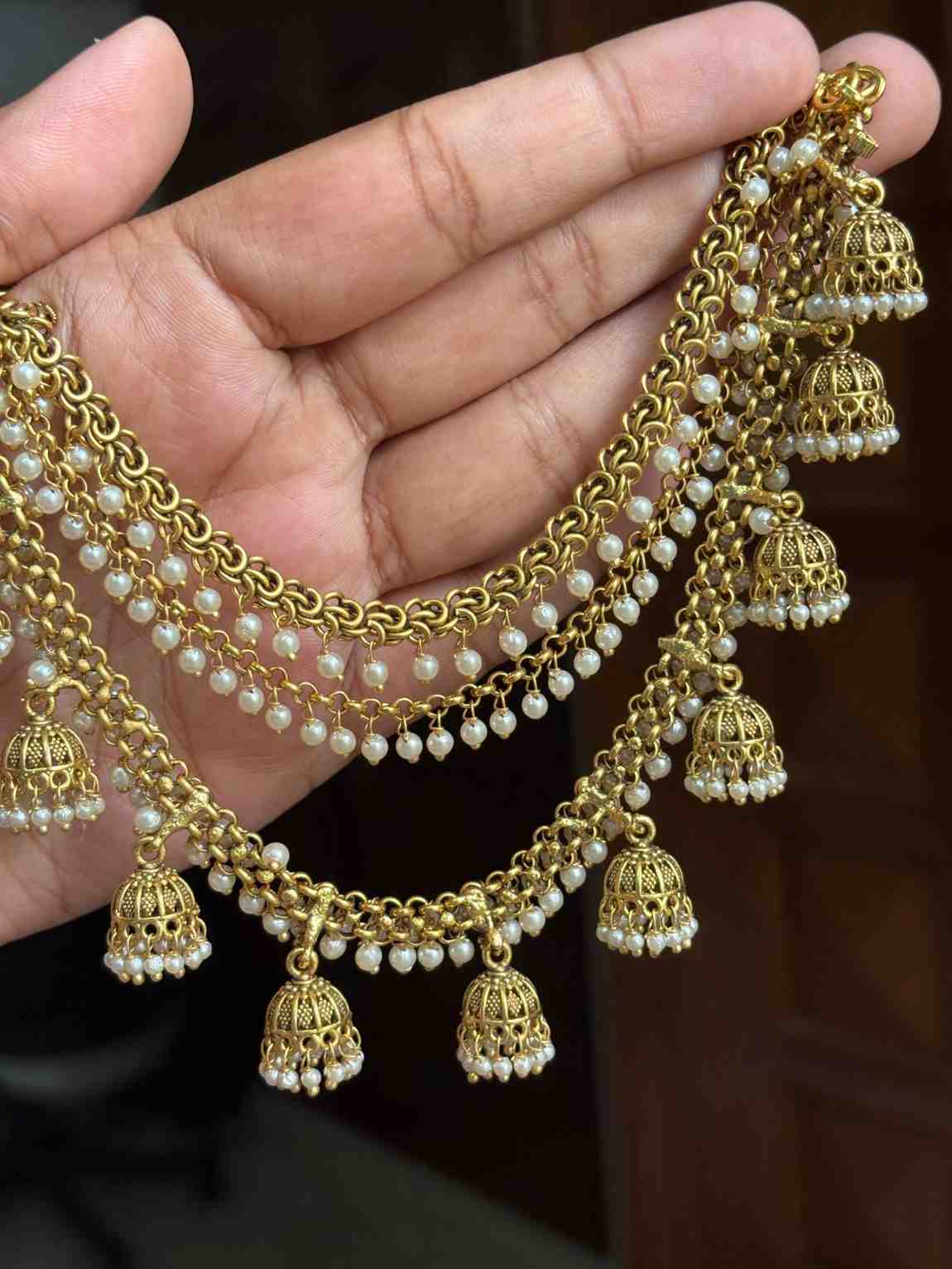 EC006 Antique Bahubali Jhumka 3 layer ear chain