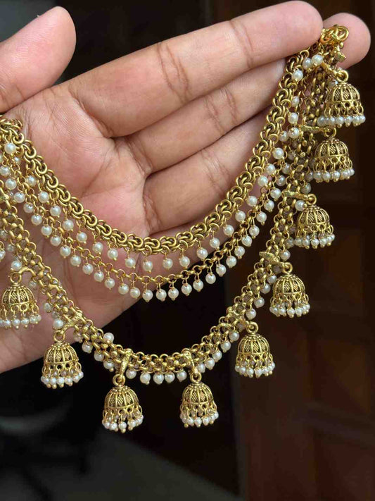 EC006 Antique Bahubali Jhumka 3 layer ear chain