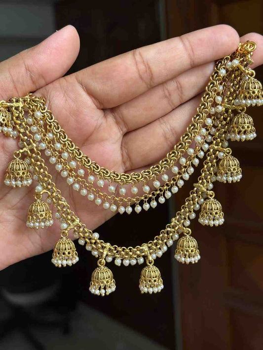 EC006 Antique Bahubali Jhumka 3 layer ear chain
