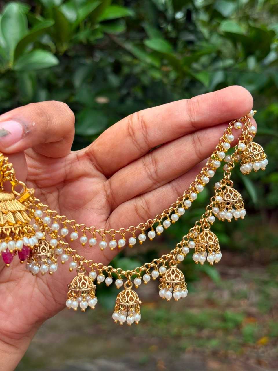 EC009 White Pearl 2 layer with hanging small jhumka ear chain