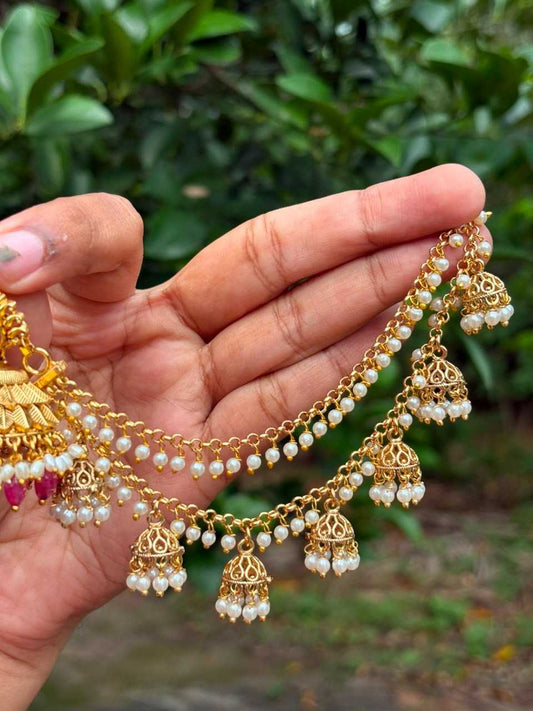 EC009 White Pearl 2 layer with hanging small jhumka ear chain
