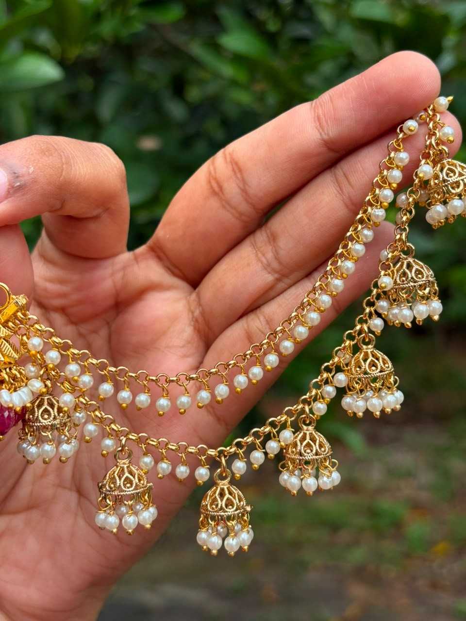 EC009 White Pearl 2 layer with hanging small jhumka ear chain
